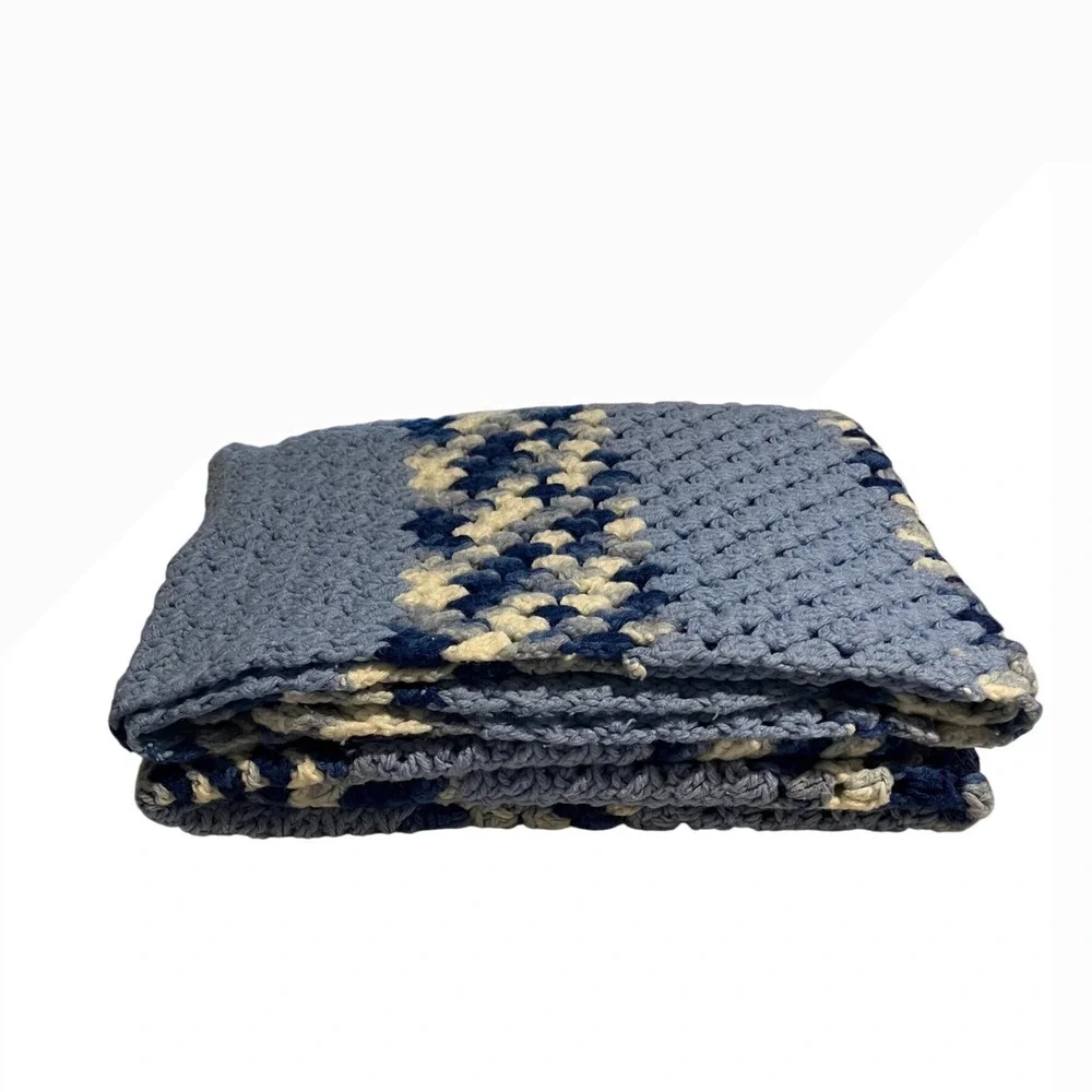Handmade Crochet Throw Blanket Unisex‎ 48x39 Blue Striped Excellent Afghan